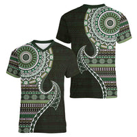 Fijian Masi Tribal Tattoos Art Pattern Women V-Neck T-Shirt Green Color Half Style LT03 - Polynesian Pride