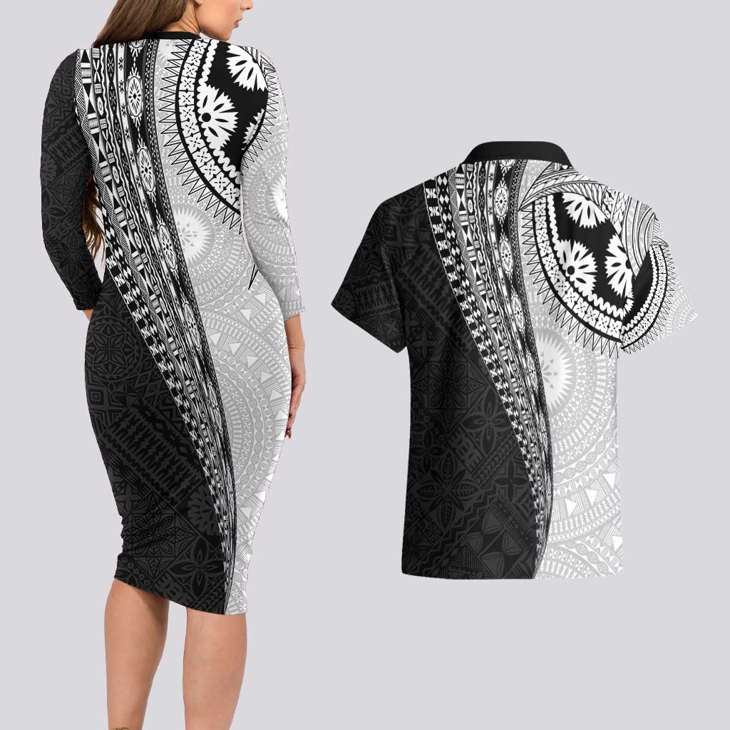 Fijian Masi Tattoos Couples Matching Long Sleeve Bodycon Dress and Hawaiian Shirt with Tapa Tribal Pattern LT03 - Polynesian Pride