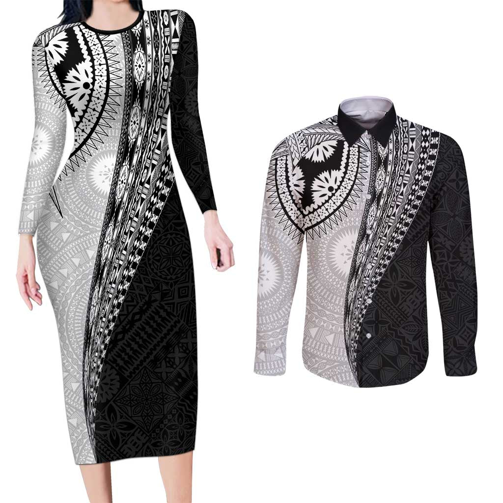 Fijian Masi Tattoos Couples Matching Long Sleeve Bodycon Dress and Long Sleeve Button Shirt with Tapa Tribal Pattern LT03 White - Polynesian Pride