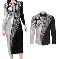 Fijian Masi Tattoos Couples Matching Long Sleeve Bodycon Dress and Long Sleeve Button Shirt with Tapa Tribal Pattern LT03 White - Polynesian Pride