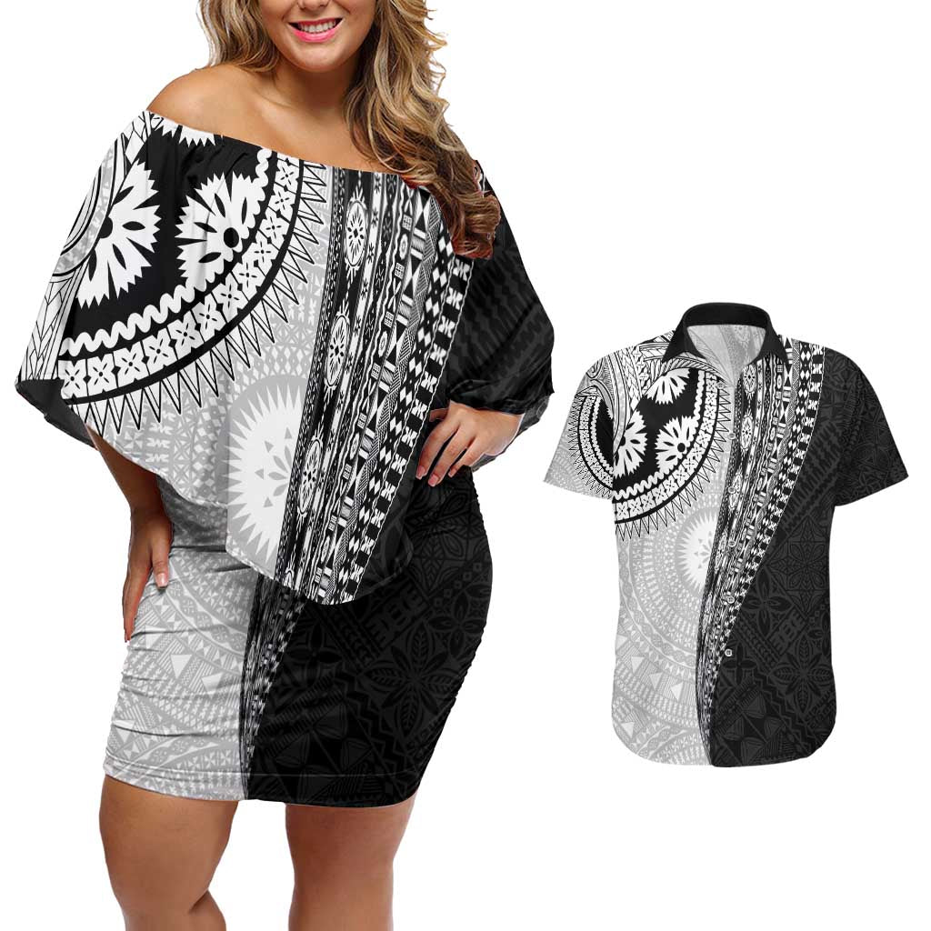 Fijian Masi Tattoos Couples Matching Off Shoulder Short Dress and Hawaiian Shirt with Tapa Tribal Pattern LT03 White - Polynesian Pride