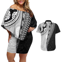 Fijian Masi Tattoos Couples Matching Off Shoulder Short Dress and Hawaiian Shirt with Tapa Tribal Pattern LT03 White - Polynesian Pride