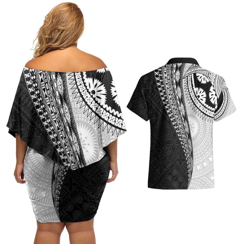 Fijian Masi Tattoos Couples Matching Off Shoulder Short Dress and Hawaiian Shirt with Tapa Tribal Pattern LT03 - Polynesian Pride