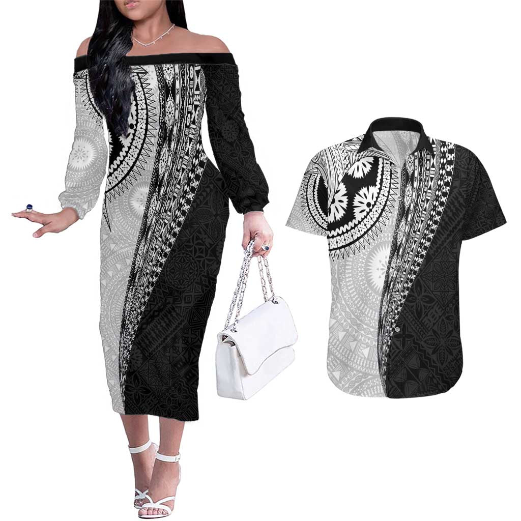 Fijian Masi Tattoos Couples Matching Off The Shoulder Long Sleeve Dress and Hawaiian Shirt with Tapa Tribal Pattern LT03 White - Polynesian Pride