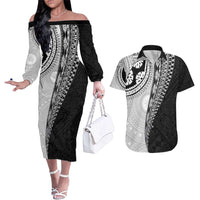 Fijian Masi Tattoos Couples Matching Off The Shoulder Long Sleeve Dress and Hawaiian Shirt with Tapa Tribal Pattern LT03 White - Polynesian Pride
