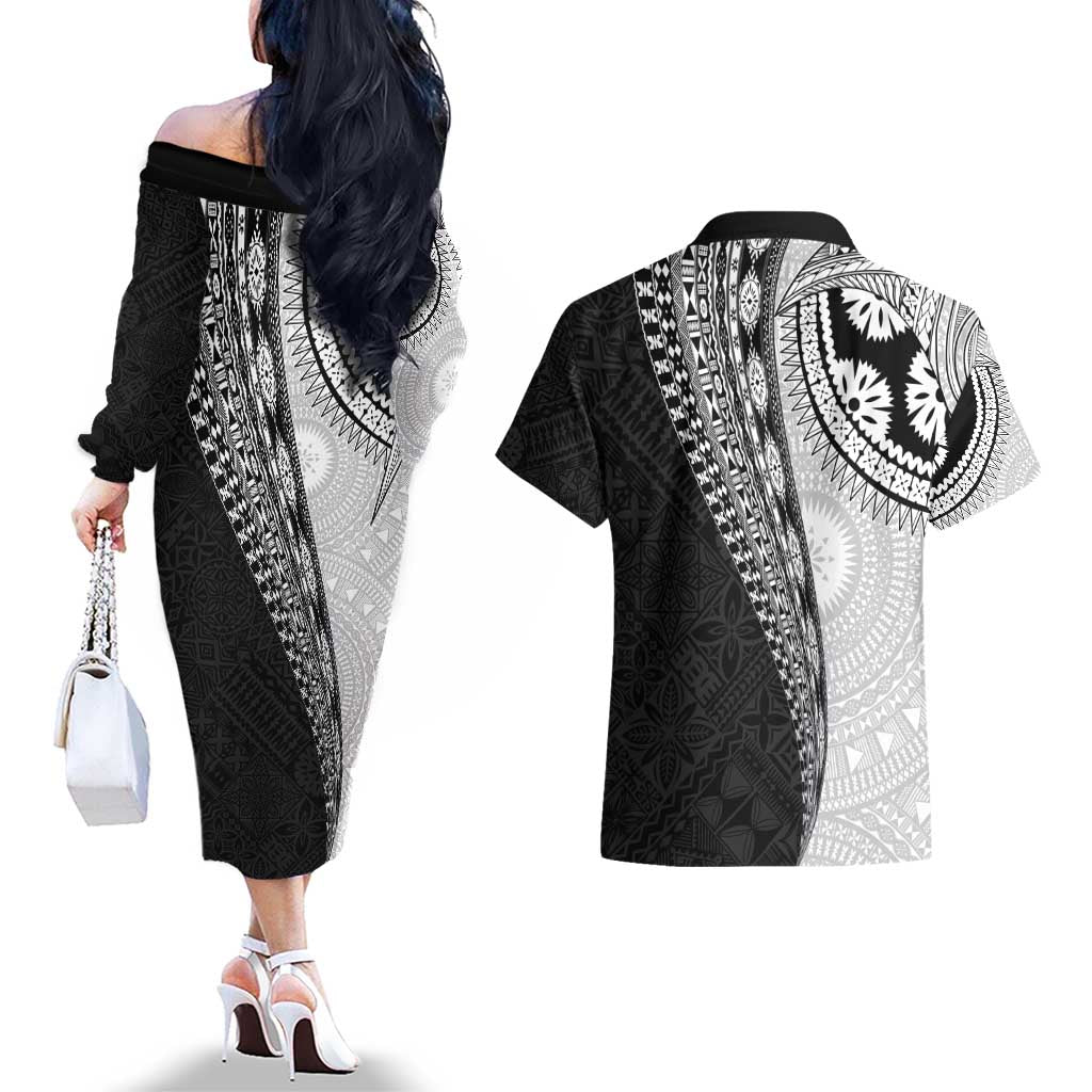 Fijian Masi Tattoos Couples Matching Off The Shoulder Long Sleeve Dress and Hawaiian Shirt with Tapa Tribal Pattern LT03 - Polynesian Pride