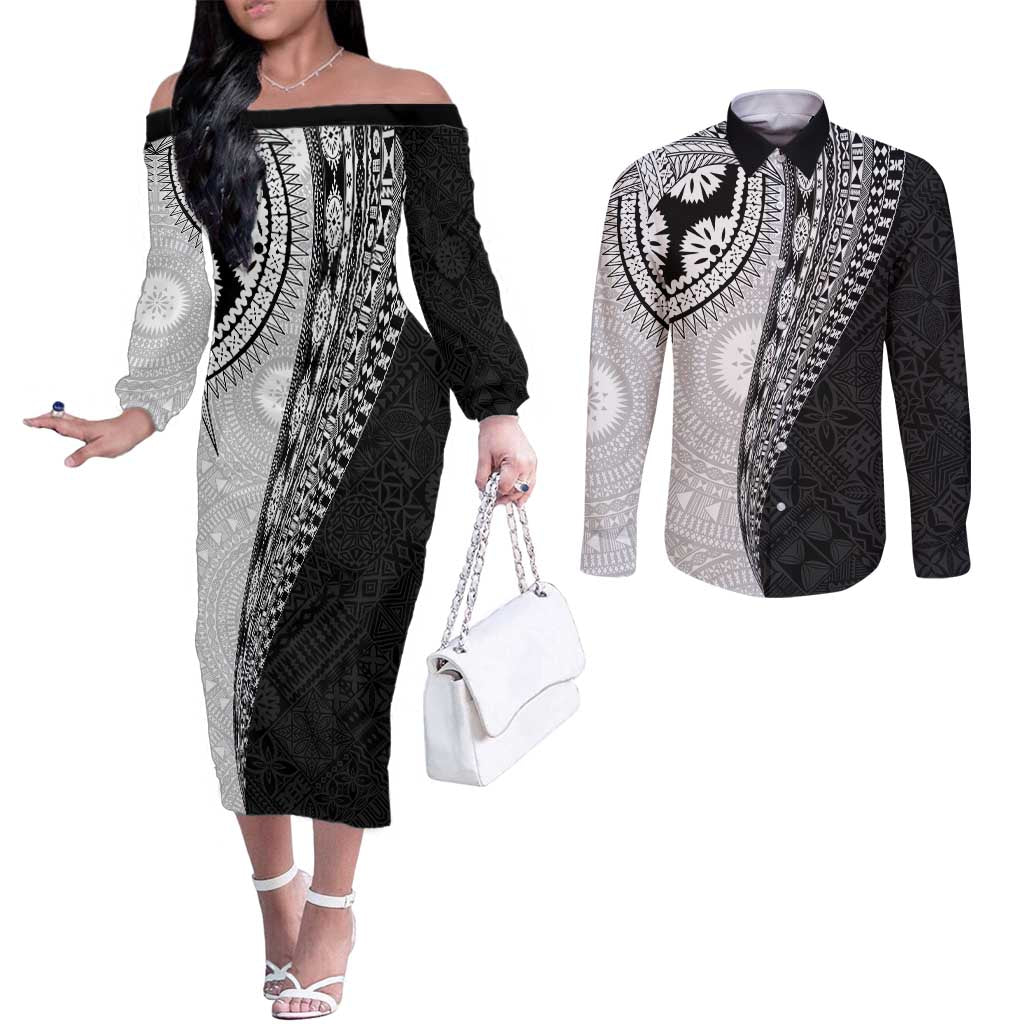 Fijian Masi Tattoos Couples Matching Off The Shoulder Long Sleeve Dress and Long Sleeve Button Shirt with Tapa Tribal Pattern LT03 White - Polynesian Pride