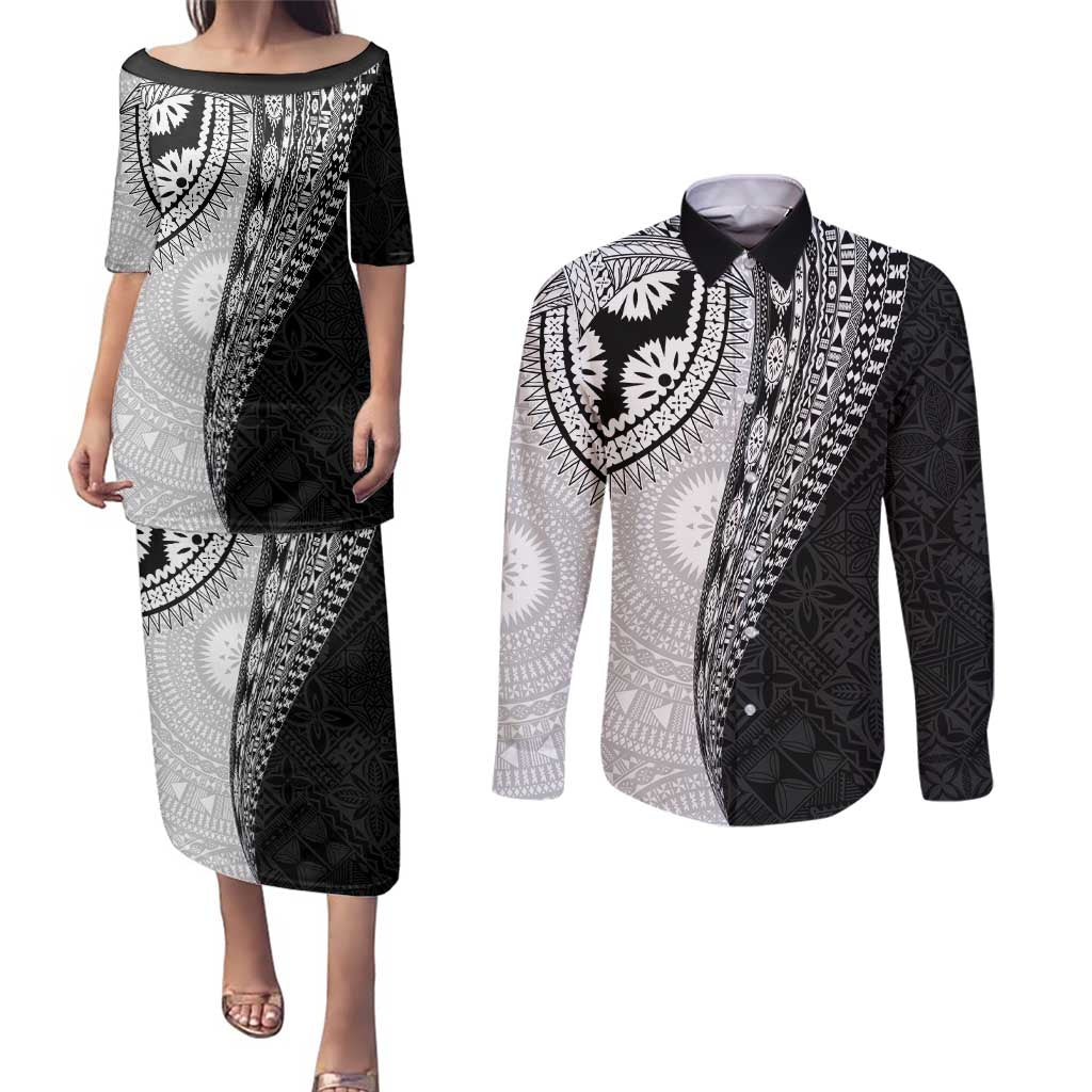 Fijian Masi Tattoos Couples Matching Puletasi and Long Sleeve Button Shirt with Tapa Tribal Pattern LT03 White - Polynesian Pride