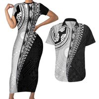 Fijian Masi Tattoos Couples Matching Short Sleeve Bodycon Dress and Hawaiian Shirt with Tapa Tribal Pattern LT03 White - Polynesian Pride