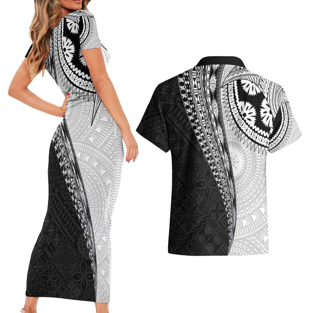 Fijian Masi Tattoos Couples Matching Short Sleeve Bodycon Dress and Hawaiian Shirt with Tapa Tribal Pattern LT03 - Polynesian Pride