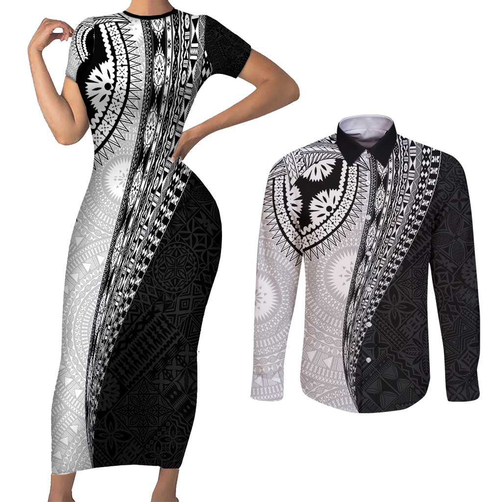 Fijian Masi Tattoos Couples Matching Short Sleeve Bodycon Dress and Long Sleeve Button Shirt with Tapa Tribal Pattern LT03 White - Polynesian Pride