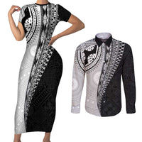 Fijian Masi Tattoos Couples Matching Short Sleeve Bodycon Dress and Long Sleeve Button Shirt with Tapa Tribal Pattern LT03 White - Polynesian Pride