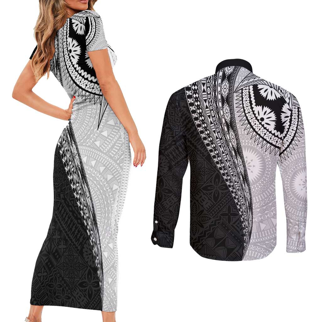 Fijian Masi Tattoos Couples Matching Short Sleeve Bodycon Dress and Long Sleeve Button Shirt with Tapa Tribal Pattern LT03 - Polynesian Pride
