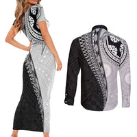 Fijian Masi Tattoos Couples Matching Short Sleeve Bodycon Dress and Long Sleeve Button Shirt with Tapa Tribal Pattern LT03 - Polynesian Pride