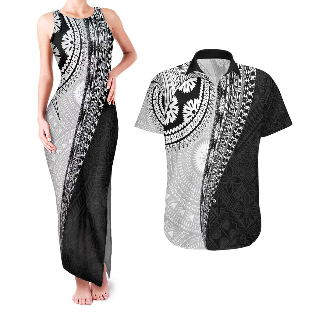 Fijian Masi Tattoos Couples Matching Tank Maxi Dress and Hawaiian Shirt with Tapa Tribal Pattern LT03 White - Polynesian Pride