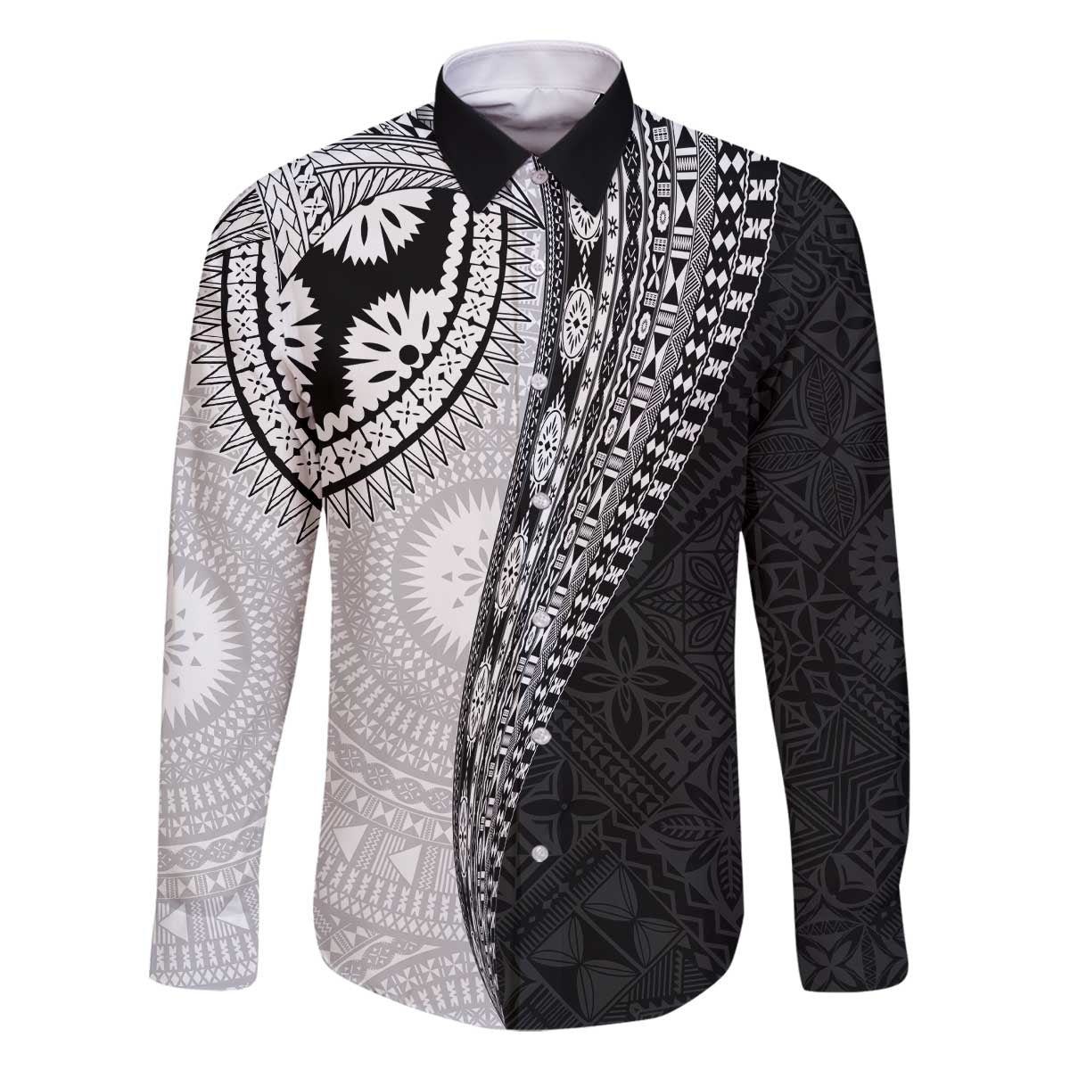 Fijian Masi Tattoos Family Matching Off The Shoulder Long Sleeve Dress and Hawaiian Shirt with Tapa Tribal Pattern LT03 Dad's Shirt - Long Sleeve White - Polynesian Pride