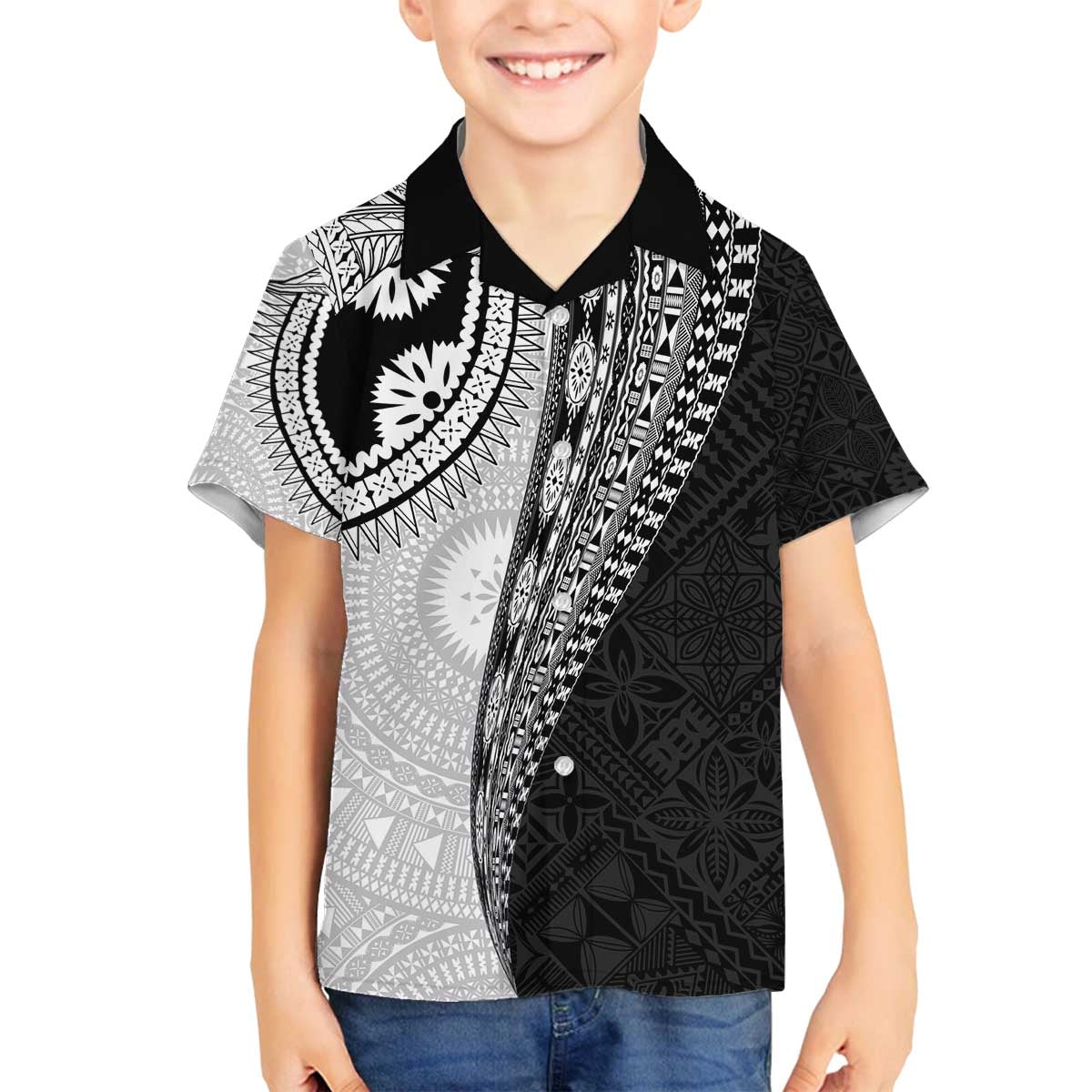 Fijian Masi Tattoos Family Matching Off The Shoulder Long Sleeve Dress and Hawaiian Shirt with Tapa Tribal Pattern LT03 Son's Shirt White - Polynesian Pride