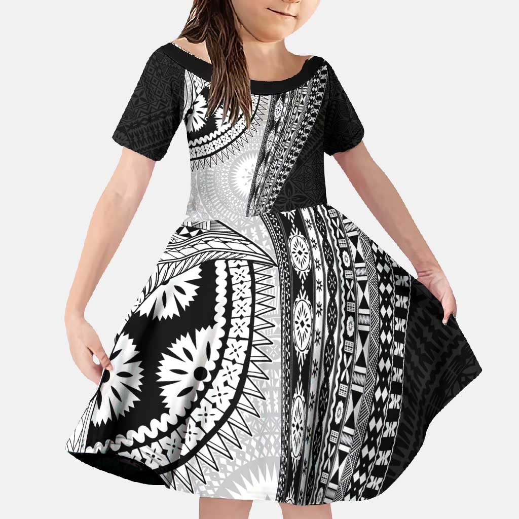 Fijian Masi Tattoos Family Matching Off Shoulder Maxi Dress and Hawaiian Shirt with Tapa Tribal Pattern LT03 Daughter's Dress White - Polynesian Pride