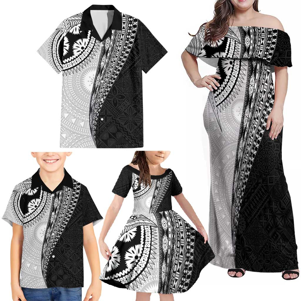 Fijian Masi Tattoos Family Matching Off Shoulder Maxi Dress and Hawaiian Shirt with Tapa Tribal Pattern LT03 - Polynesian Pride