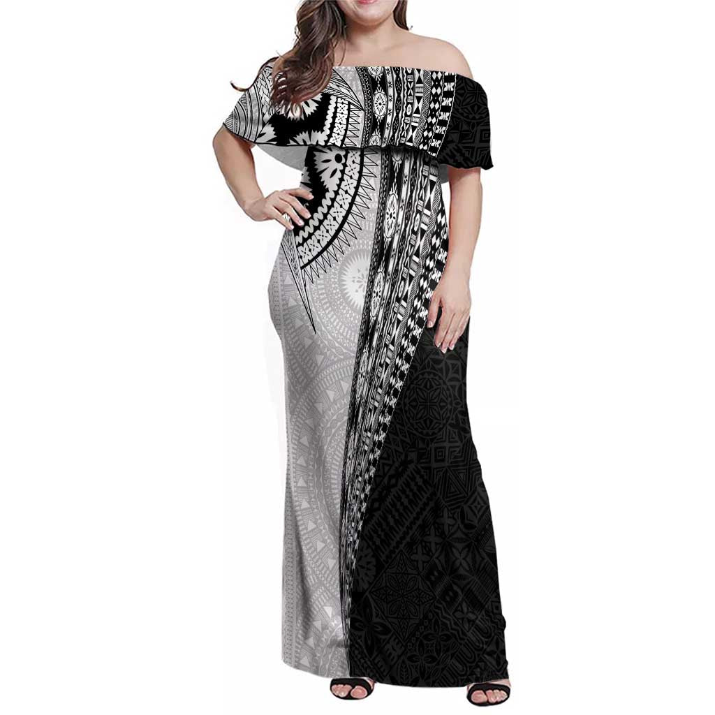 Fijian Masi Tattoos Family Matching Off Shoulder Maxi Dress and Hawaiian Shirt with Tapa Tribal Pattern LT03 Mom's Dress White - Polynesian Pride