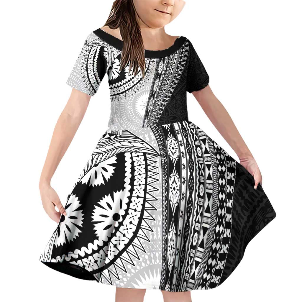 Fijian Masi Tattoos Family Matching Off Shoulder Short Dress and Hawaiian Shirt with Tapa Tribal Pattern LT03 Daughter's Dress White - Polynesian Pride