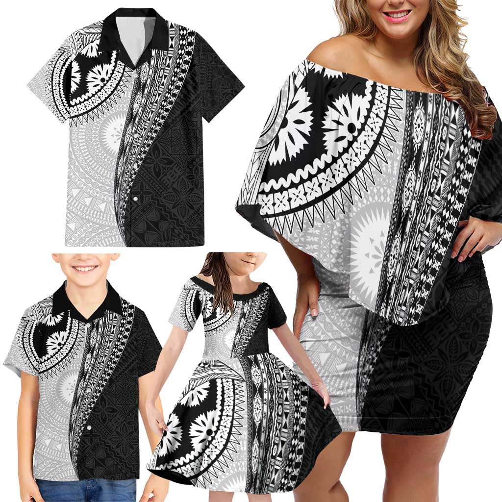 Fijian Masi Tattoos Family Matching Off Shoulder Short Dress and Hawaiian Shirt with Tapa Tribal Pattern LT03 - Polynesian Pride