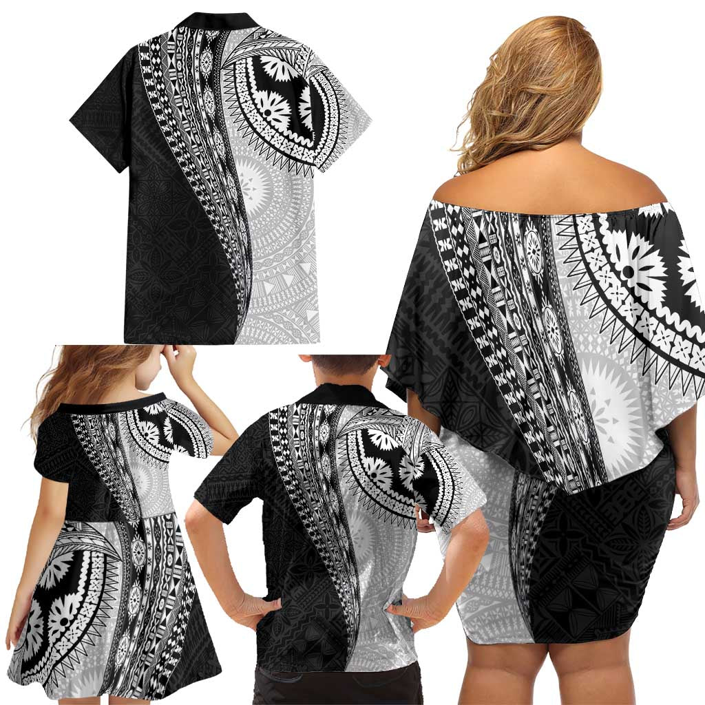 Fijian Masi Tattoos Family Matching Off Shoulder Short Dress and Hawaiian Shirt with Tapa Tribal Pattern LT03 - Polynesian Pride