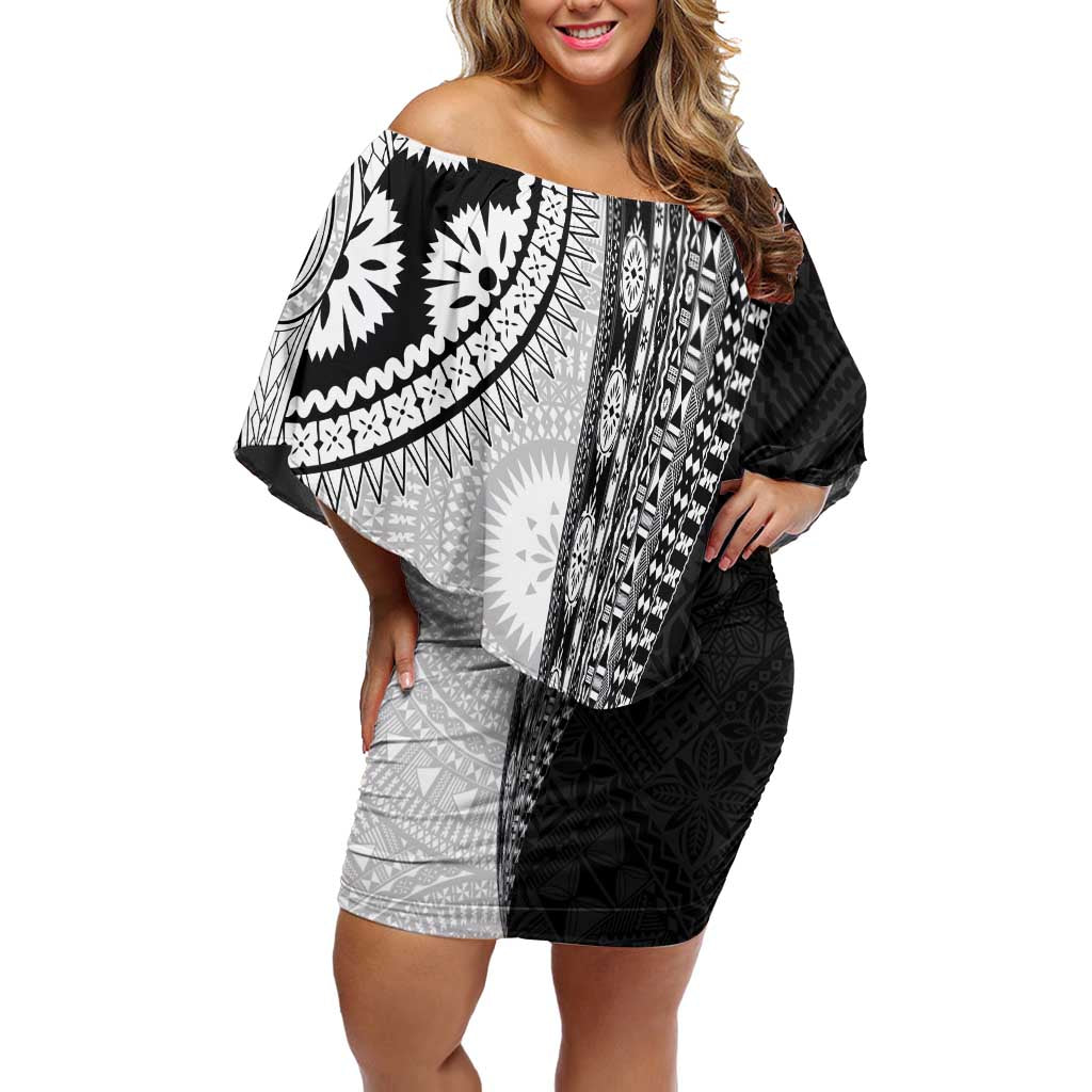 Fijian Masi Tattoos Family Matching Off Shoulder Short Dress and Hawaiian Shirt with Tapa Tribal Pattern LT03 Mom's Dress White - Polynesian Pride