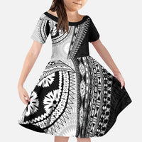Fijian Masi Tattoos Family Matching Puletasi and Hawaiian Shirt with Tapa Tribal Pattern LT03 Daughter's Dress White - Polynesian Pride