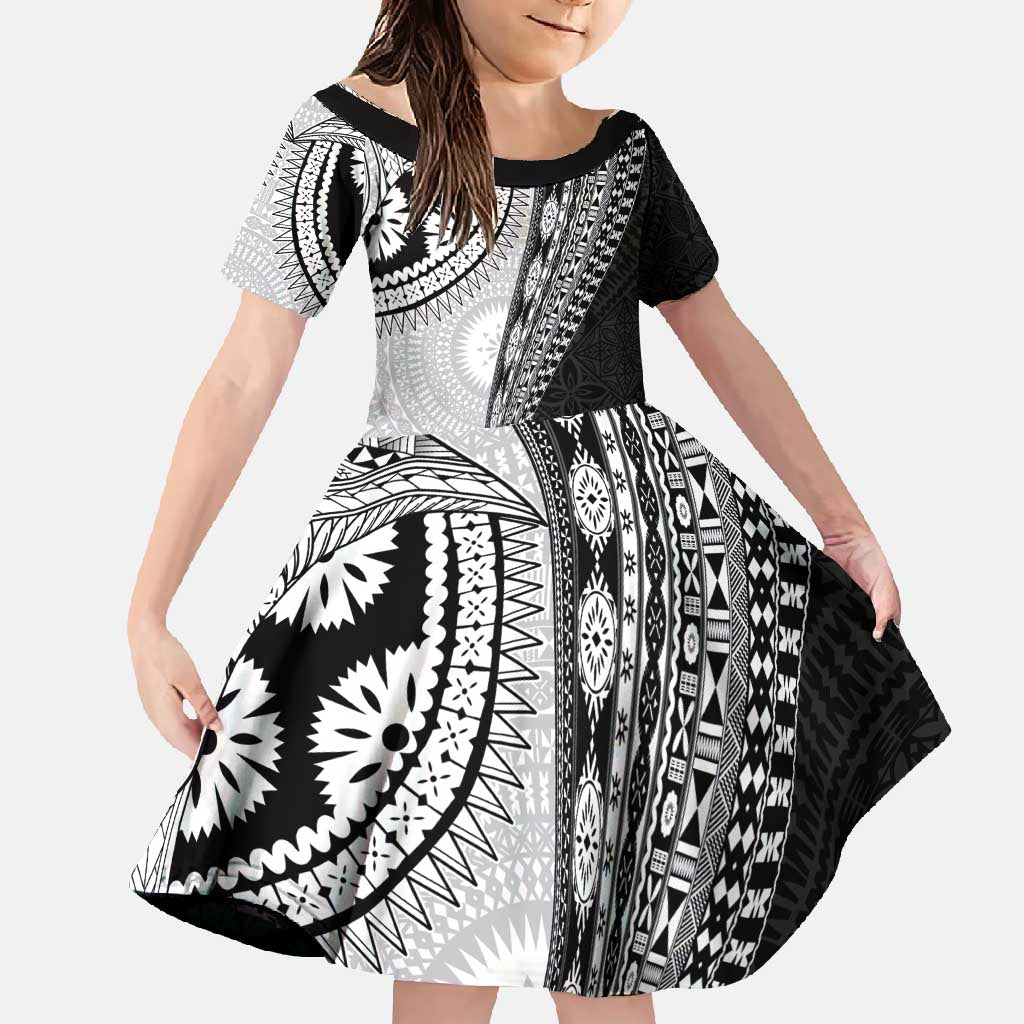 Fijian Masi Tattoos Family Matching Summer Maxi Dress and Hawaiian Shirt with Tapa Tribal Pattern LT03 Daughter's Dress White - Polynesian Pride