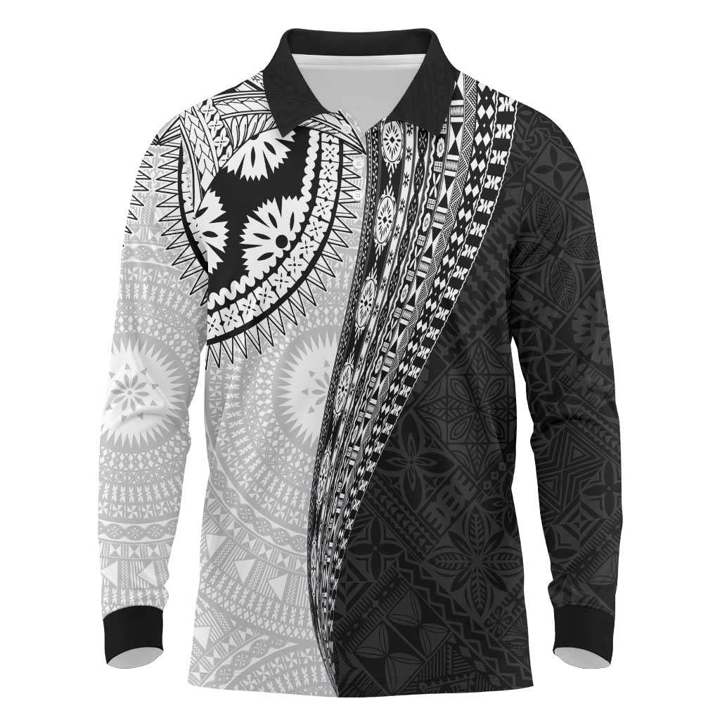 Fijian Masi Tattoos Long Sleeve Polo Shirt with Tapa Tribal Pattern LT03 White - Polynesian Pride