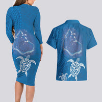 Cook Islands Manihiki Atoll Couples Matching Long Sleeve Bodycon Dress and Hawaiian Shirt Maori Turtle and Polynesian Pattern LT03 - Polynesian Pride