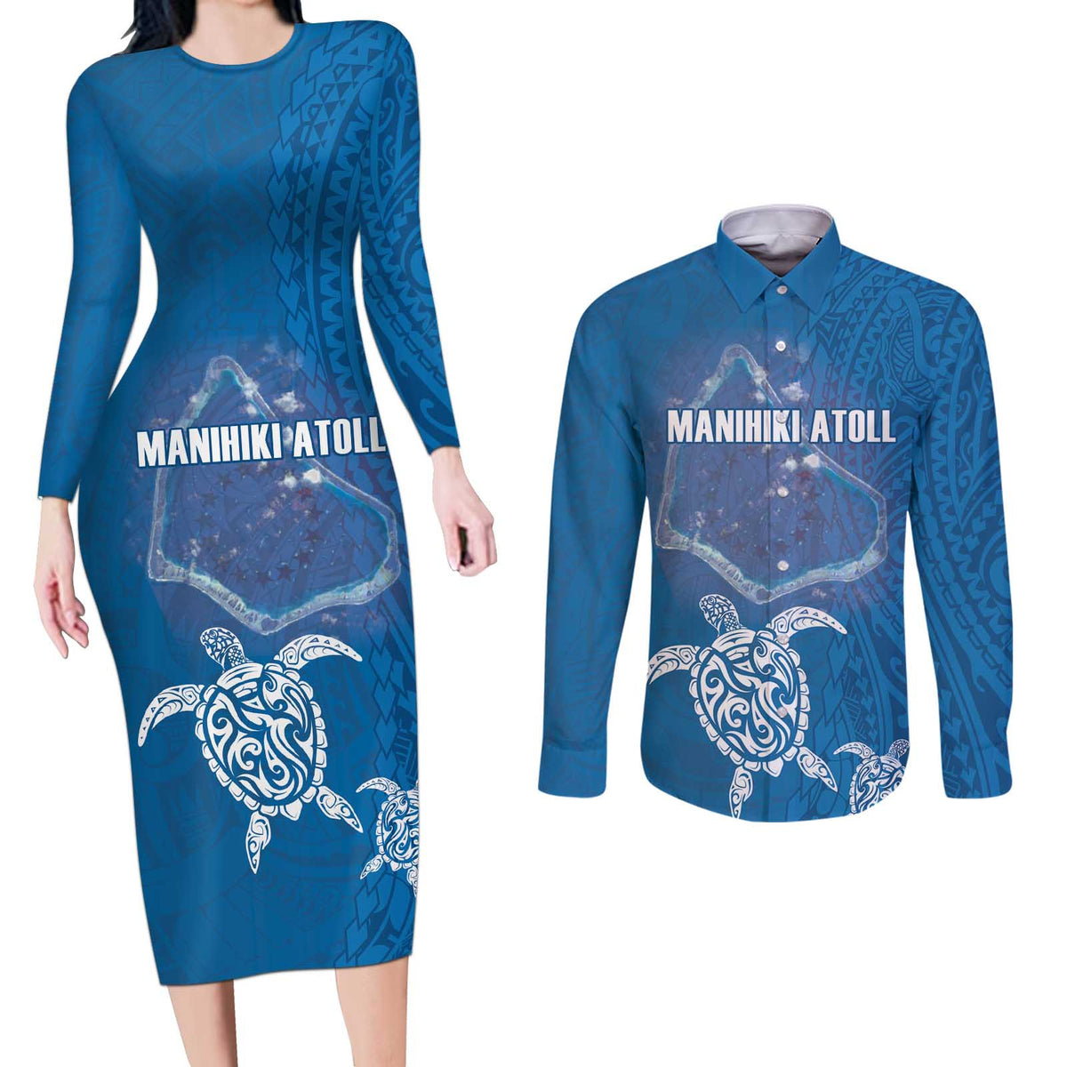 Cook Islands Manihiki Atoll Couples Matching Long Sleeve Bodycon Dress and Long Sleeve Button Shirt Maori Turtle and Polynesian Pattern LT03 Blue - Polynesian Pride