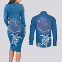 Cook Islands Manihiki Atoll Couples Matching Long Sleeve Bodycon Dress and Long Sleeve Button Shirt Maori Turtle and Polynesian Pattern LT03 - Polynesian Pride