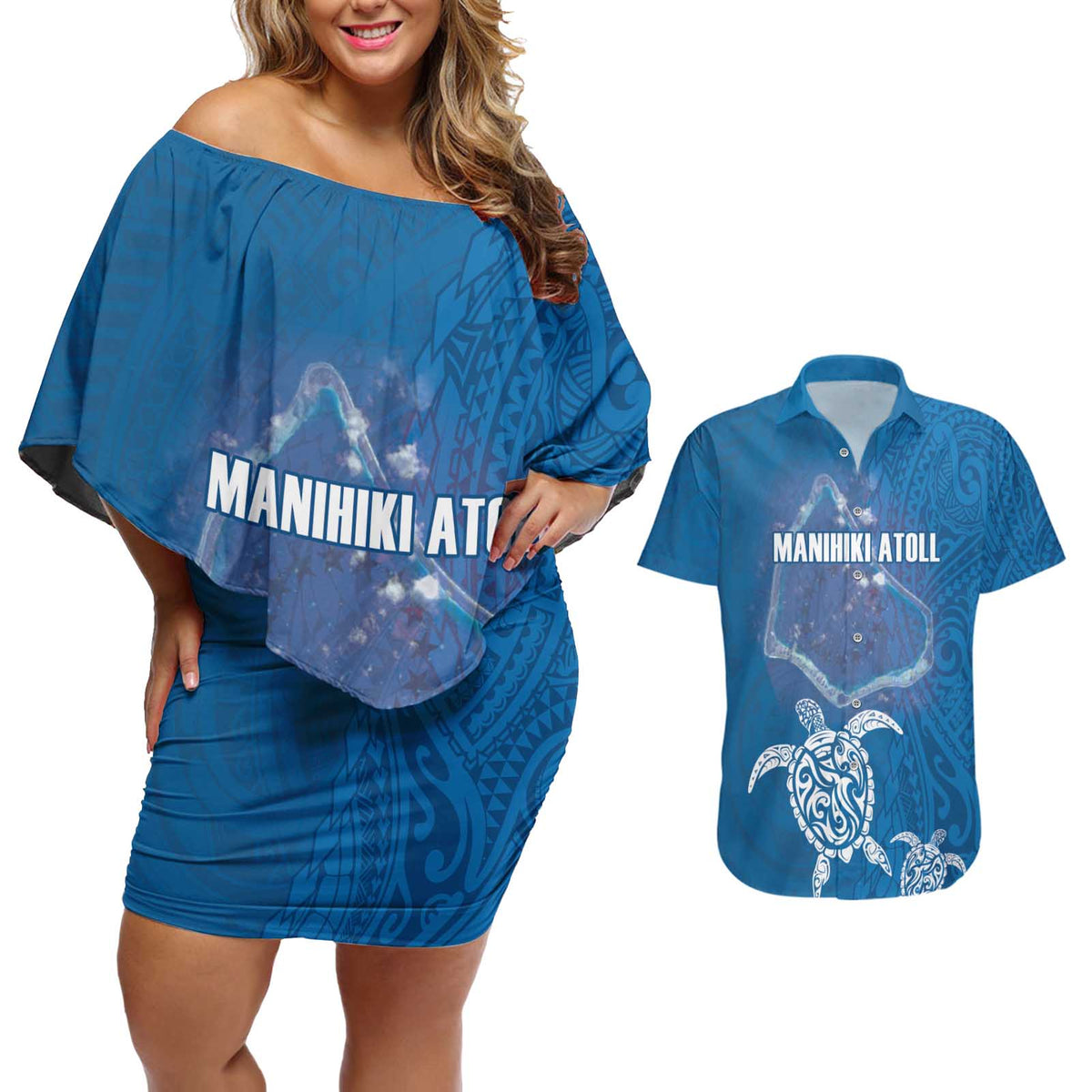 Cook Islands Manihiki Atoll Couples Matching Off Shoulder Short Dress and Hawaiian Shirt Maori Turtle and Polynesian Pattern LT03 Blue - Polynesian Pride