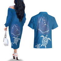 Cook Islands Manihiki Atoll Couples Matching Off The Shoulder Long Sleeve Dress and Hawaiian Shirt Maori Turtle and Polynesian Pattern LT03 - Polynesian Pride