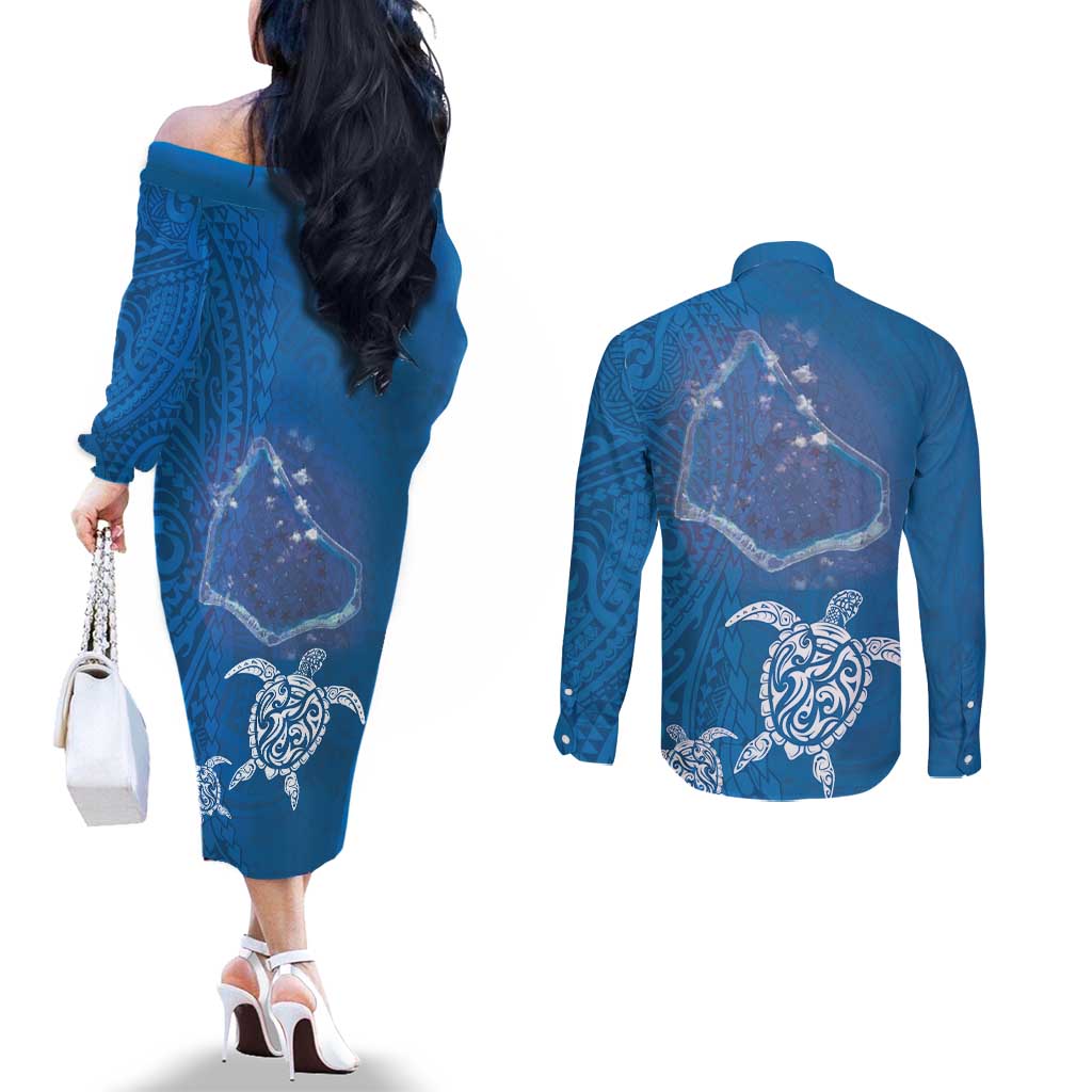 Cook Islands Manihiki Atoll Couples Matching Off The Shoulder Long Sleeve Dress and Long Sleeve Button Shirt Maori Turtle and Polynesian Pattern LT03 - Polynesian Pride