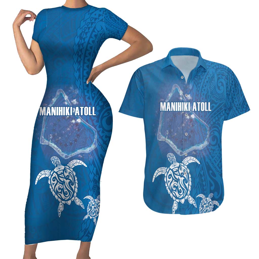 Cook Islands Manihiki Atoll Couples Matching Short Sleeve Bodycon Dress and Hawaiian Shirt Maori Turtle and Polynesian Pattern LT03 Blue - Polynesian Pride