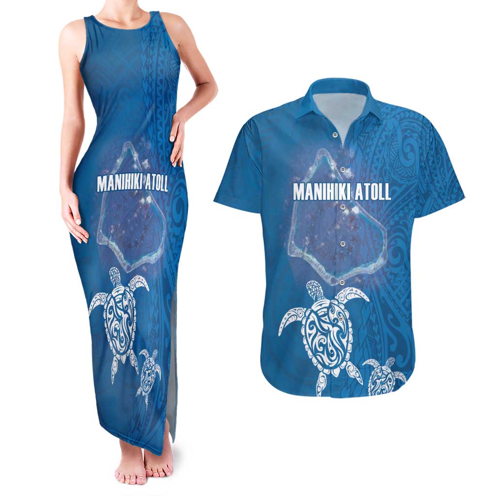 Cook Islands Manihiki Atoll Couples Matching Tank Maxi Dress and Hawaiian Shirt Maori Turtle and Polynesian Pattern LT03 Blue - Polynesian Pride