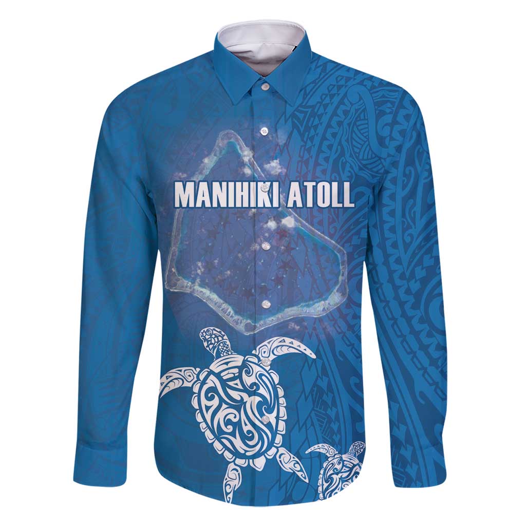 Cook Islands Manihiki Atoll Family Matching Long Sleeve Bodycon Dress and Hawaiian Shirt Maori Turtle and Polynesian Pattern LT03 Dad's Shirt - Long Sleeve Blue - Polynesian Pride