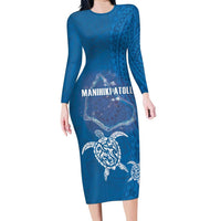 Cook Islands Manihiki Atoll Family Matching Long Sleeve Bodycon Dress and Hawaiian Shirt Maori Turtle and Polynesian Pattern LT03 Mom's Dress Blue - Polynesian Pride