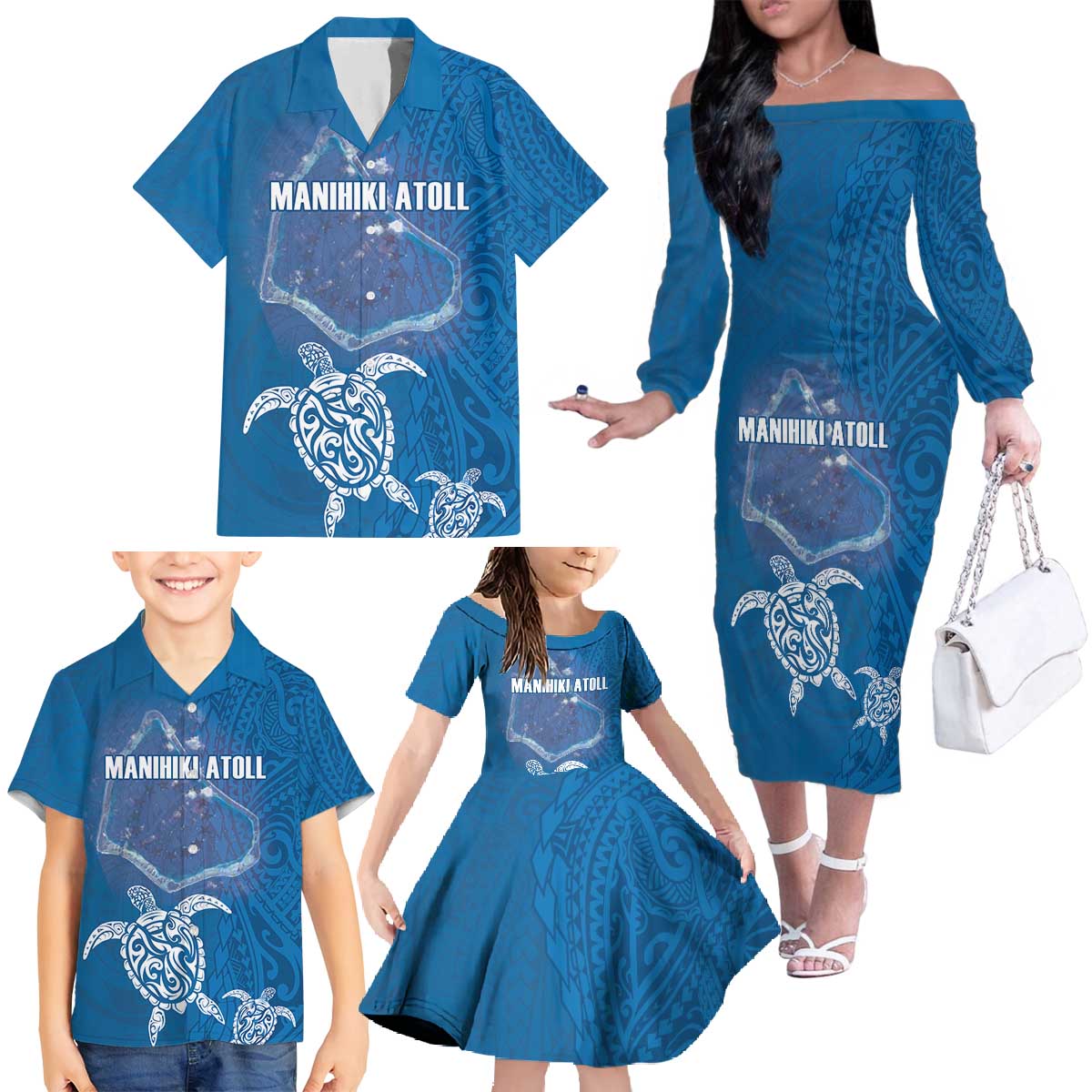 Cook Islands Manihiki Atoll Family Matching Off The Shoulder Long Sleeve Dress and Hawaiian Shirt Maori Turtle and Polynesian Pattern LT03 - Polynesian Pride