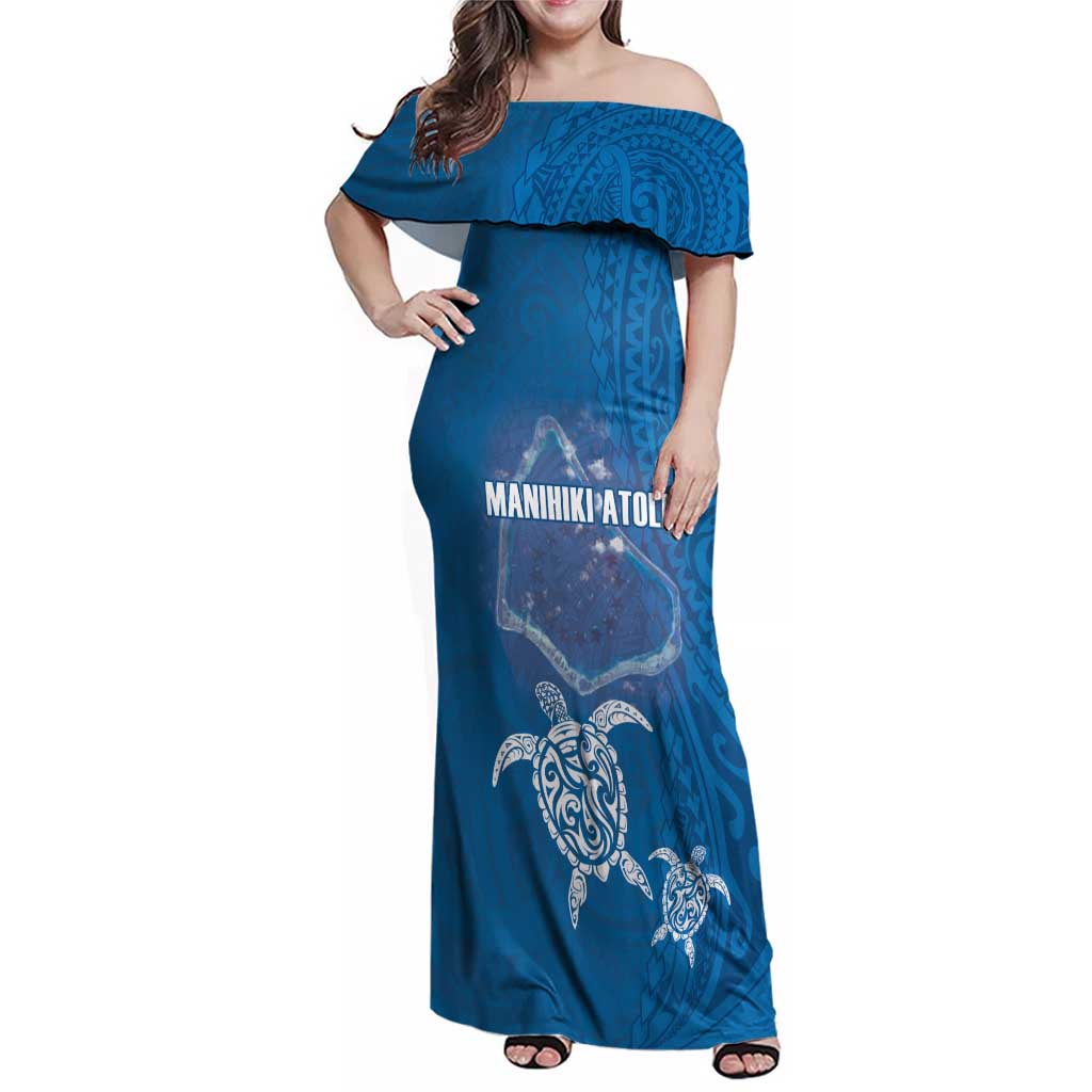 Cook Islands Manihiki Atoll Family Matching Off Shoulder Maxi Dress and Hawaiian Shirt Maori Turtle and Polynesian Pattern LT03 Mom's Dress Blue - Polynesian Pride