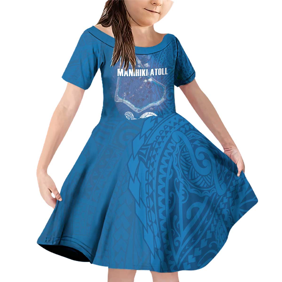 Cook Islands Manihiki Atoll Family Matching Off Shoulder Short Dress and Hawaiian Shirt Maori Turtle and Polynesian Pattern LT03 Daughter's Dress Blue - Polynesian Pride