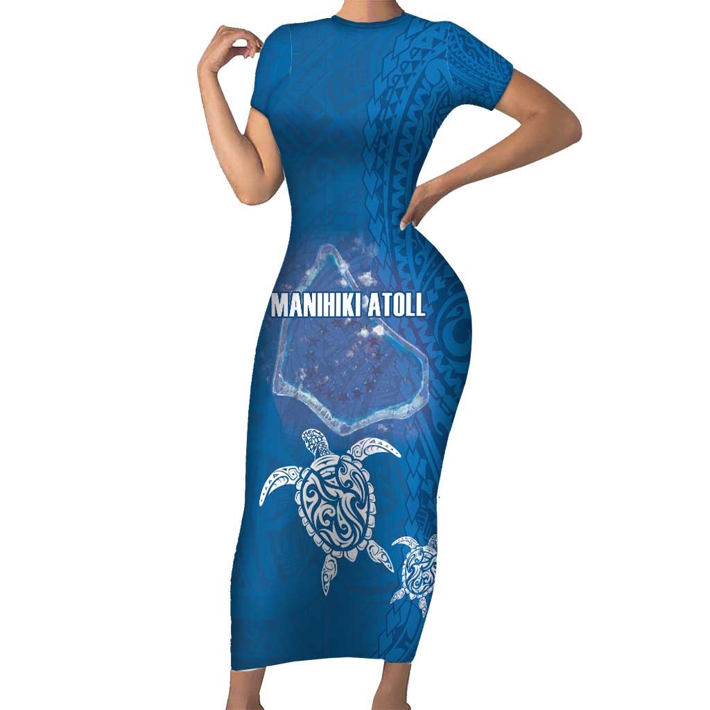 Cook Islands Manihiki Atoll Family Matching Short Sleeve Bodycon Dress and Hawaiian Shirt Maori Turtle and Polynesian Pattern LT03 Mom's Dress Blue - Polynesian Pride