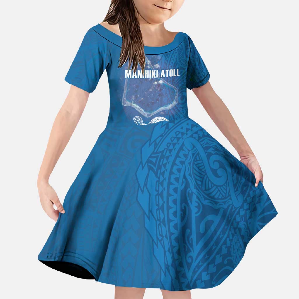 Cook Islands Manihiki Atoll Family Matching Tank Maxi Dress and Hawaiian Shirt Maori Turtle and Polynesian Pattern LT03 Daughter's Dress Blue - Polynesian Pride