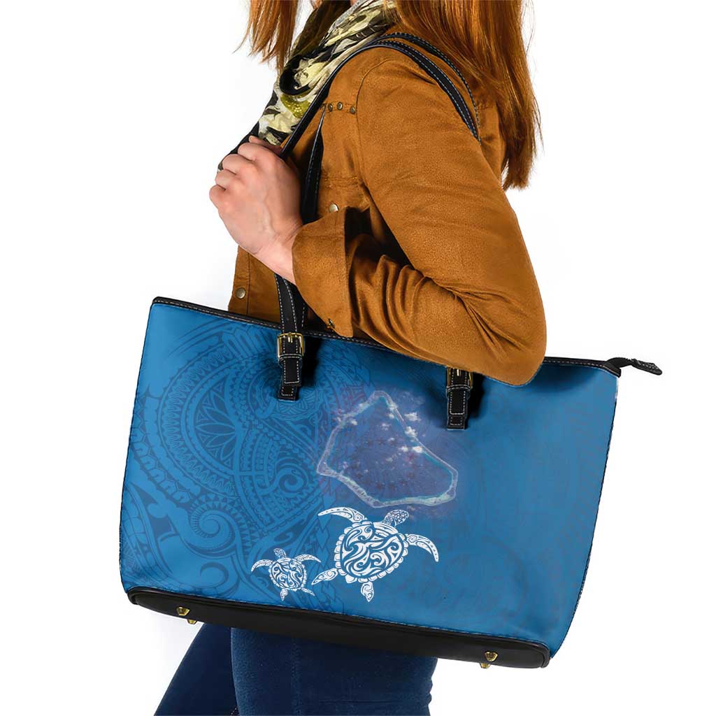 Cook Islands Manihiki Atoll Leather Tote Bag Maori Turtle and Polynesian Pattern LT03 Blue - Polynesian Pride