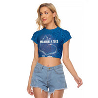 Cook Islands Manihiki Atoll Raglan Cropped T Shirt Maori Turtle and Polynesian Pattern LT03 Female Blue - Polynesian Pride