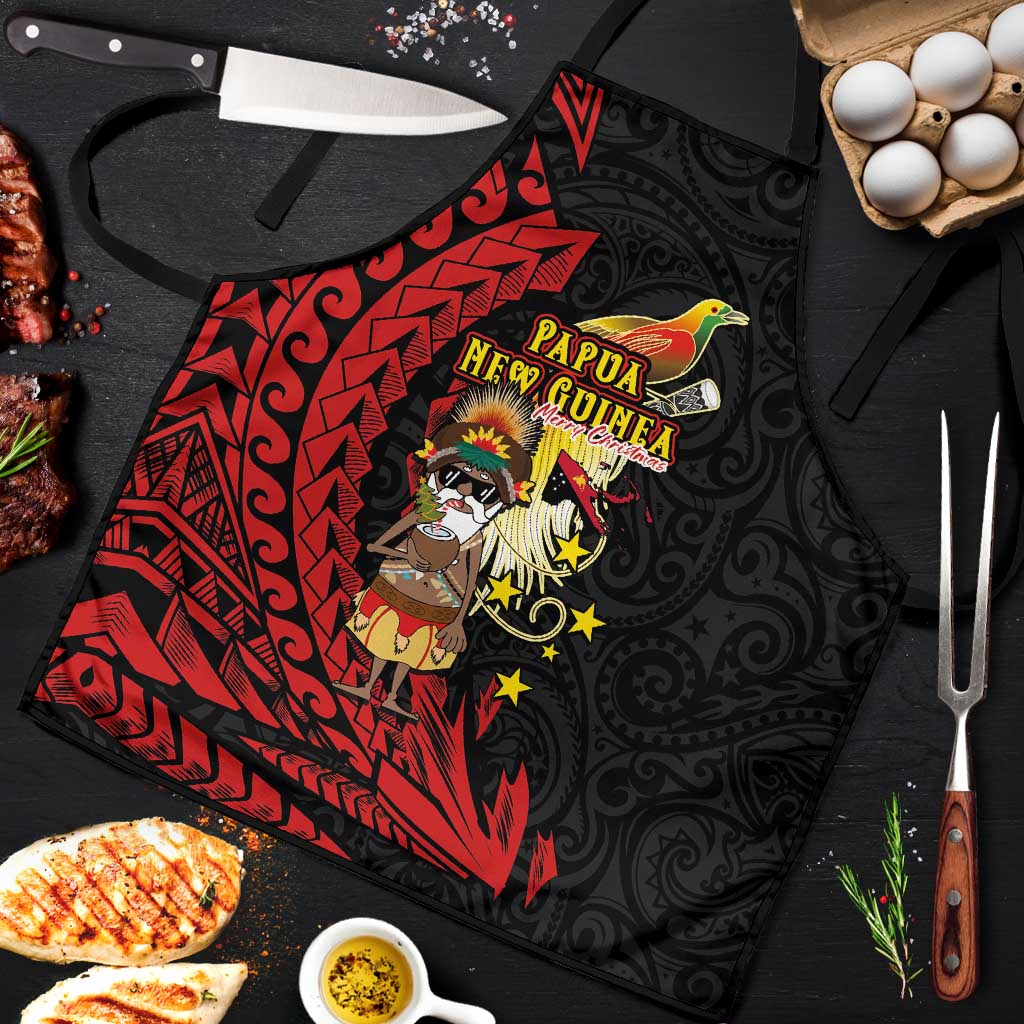 Papua New Guinea Christmas Apron Funny Melanesian Santa with Bird-of-paradise Tribal Style LT03 Black - Polynesian Pride