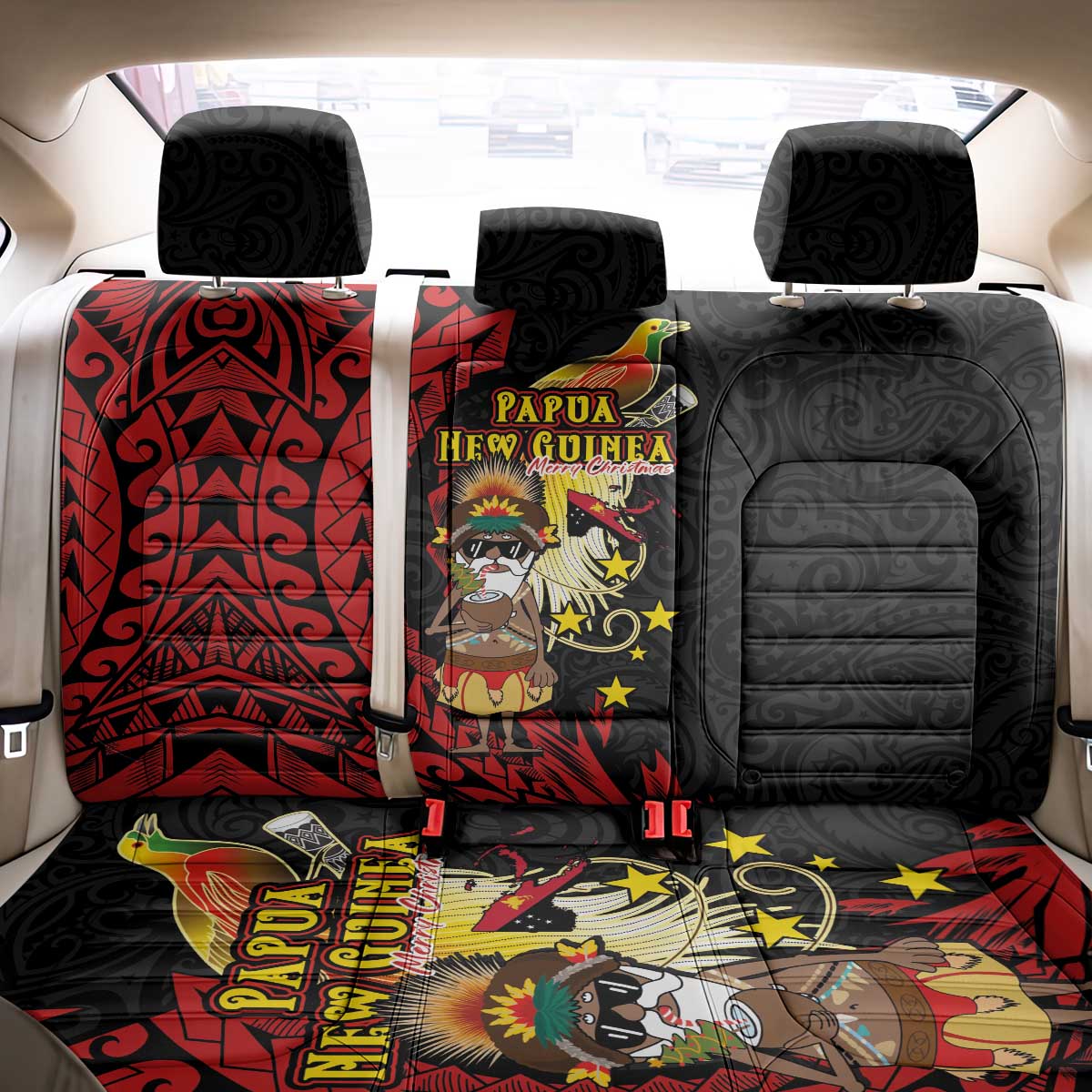 Papua New Guinea Christmas Back Car Seat Cover Funny Melanesian Santa with Bird-of-paradise Tribal Style LT03 - Polynesian Pride